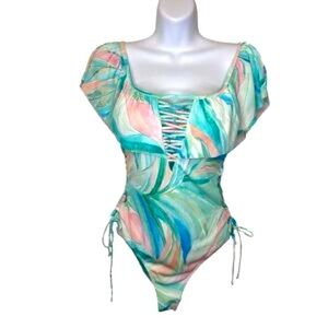 NWT TiniBikini Swimwear Tie-Dye Ribbed One-Piece Swimsuit Ruffles Lace Up Large